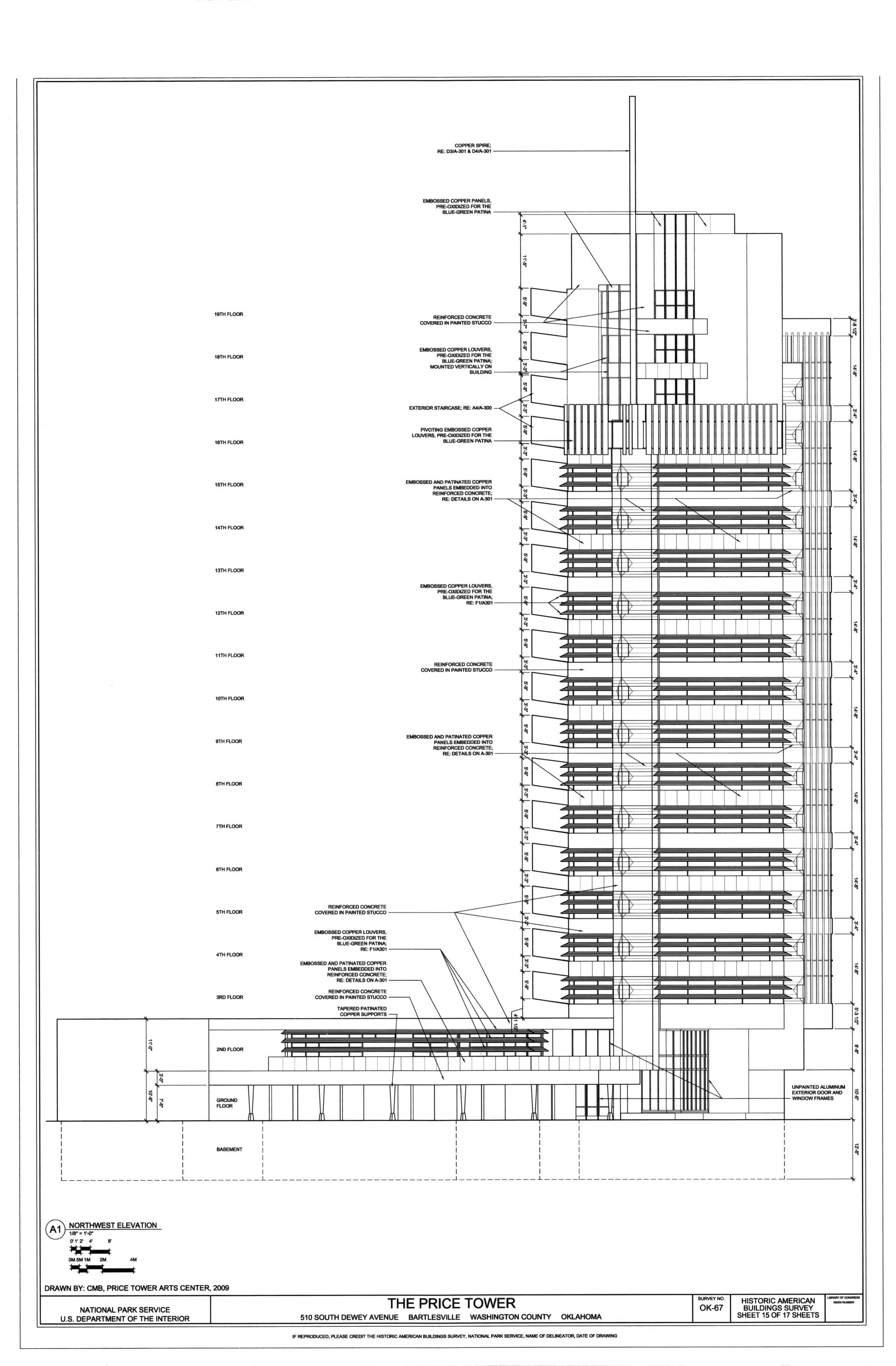 巴特尔斯维尔——Northwest Elevation - Price Tower, 510 South Dewey Avenue, Bartlesville, Washington County, OK HABS OK-67 (sheet 15 of 17)