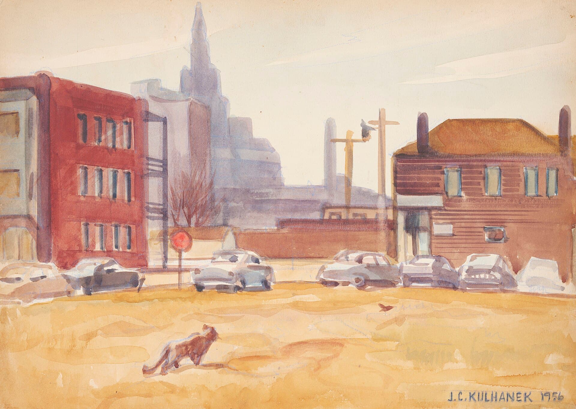克利夫兰——Cleveland Skyline (1956) a painting by James C. Kulhanek